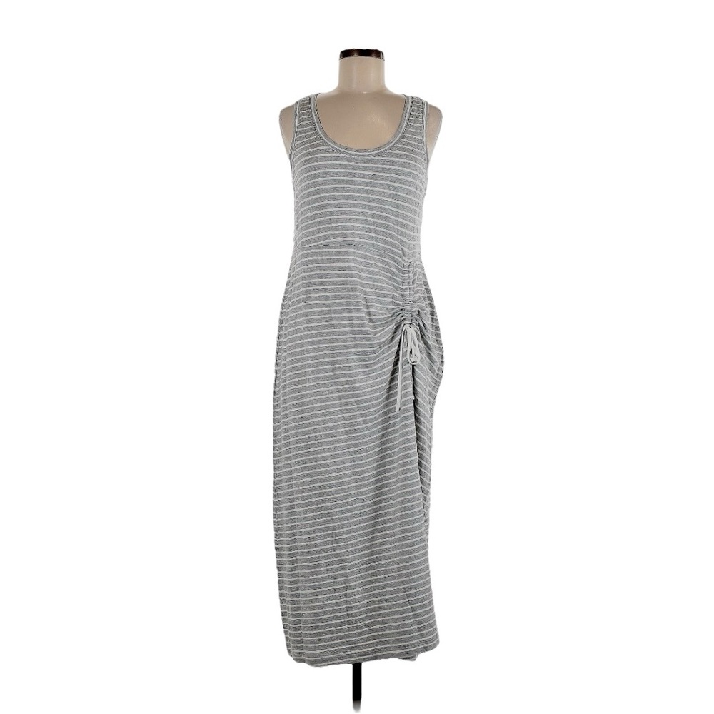 CABI Sleeveless, Gray & White Striped Gathered Midi-Length Dress - M